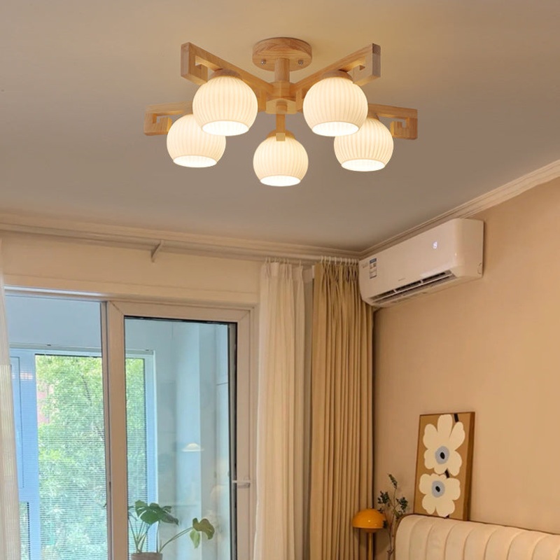 Traditional Chinese Solid Wood Striped Glass Round Globe Shade Branch 5/8 Light Chandeliers For Living Room
