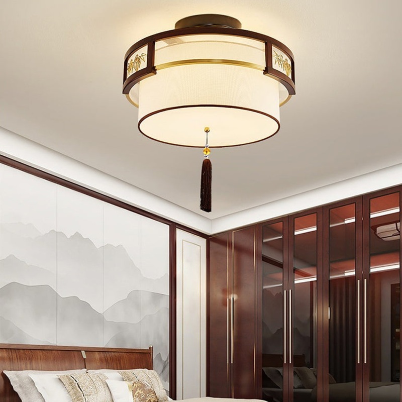 Traditional Chinese Tassels Round Bamboo Carving Fabric Wood Brass 3/5-Light Semi-Flush Mount Ceiling Light For Living Room