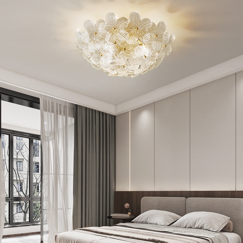 Traditional French Semicircle Round Flower Brass Glass 4-Light Flush Mount Ceiling Light For Living Room