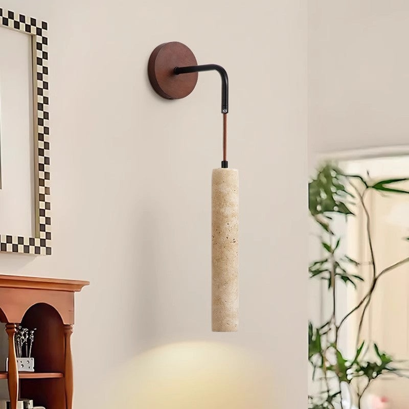 Traditional Japanese Column Wood Stone 1-Light Wall Sconce Lamp For Living Room