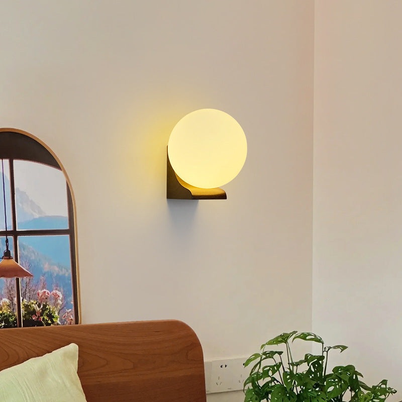 Traditional Japanese Globe Wood Glass 1-Light Wall Sconce Lamp For Living Room