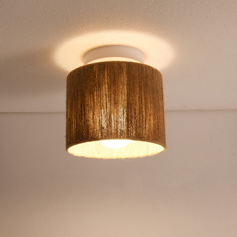 Traditional Japanese Iron Hemp Rope Weaving Cylinder 1-Light Semi-Flush Mount Ceiling Light For Hallway