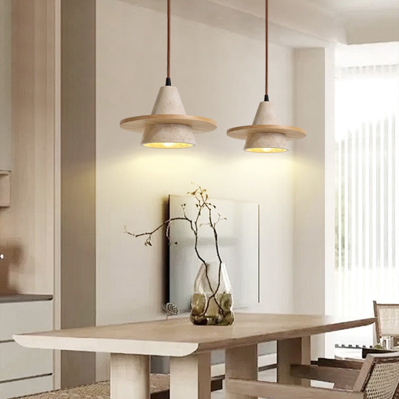 Traditional Vintage Cone Natural Yellow Travertine LED Pendant Light For Bedroom