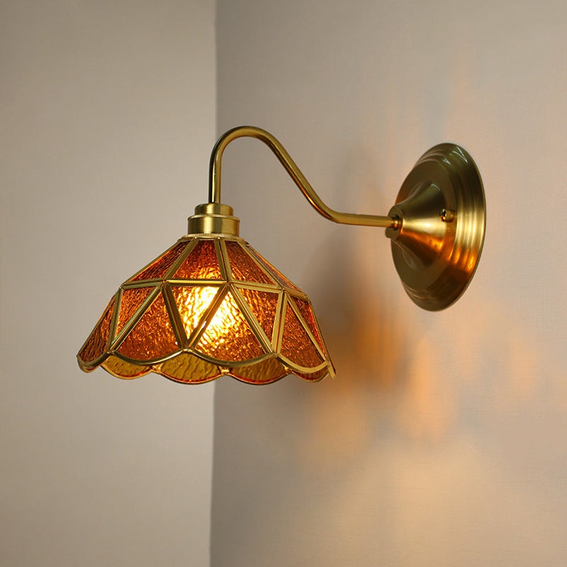 Traditional Vintage Domed Cylinder Flower Copper Iron Glass 1-Light Wall Sconce Lamp For Living Room