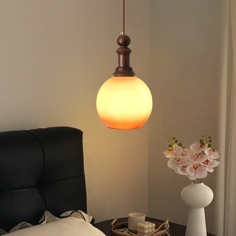 Traditional Vintage Globe Dome Oval Wood Iron Fabric Glass 1-Light Pendant Light For Bedroom