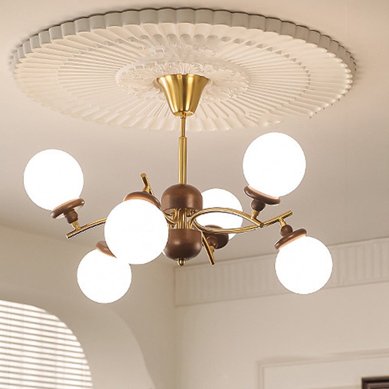 Traditional Vintage Magic Bean Round Orb Wood Iron Glass 4/6/8/10 Light Chandelier For Living Room