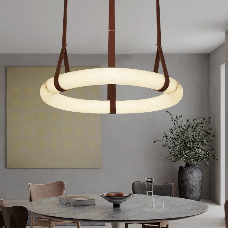 Contemporary Nordic Round Leather Copper Marble LED Chandelier For Living Room