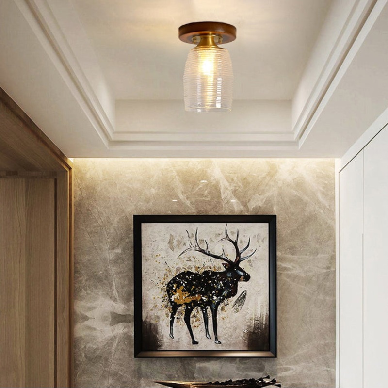 Contemporary Retro Round Cylinder Cup Shape Wood Glass 1-Light Semi-Flush Mount Ceiling Light For Living Room