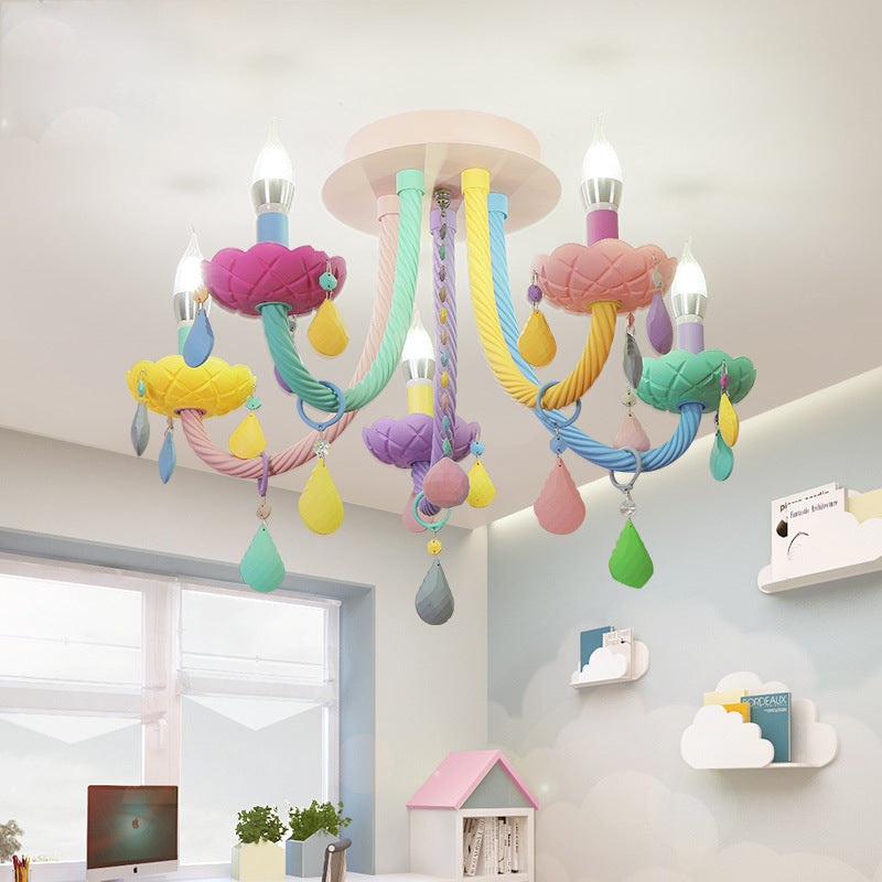 Contemporary Scandinavian Macaron Colorful Kids Candle Shape Iron Crystal 5- Light Chandelier For Living Room