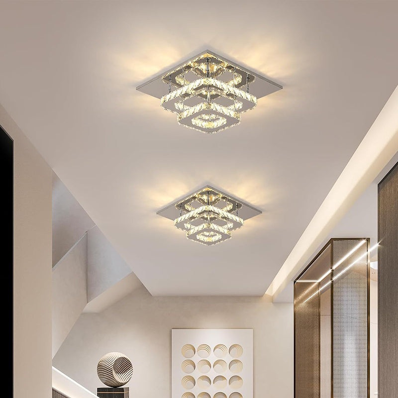Modern Luxury Square Crystal Iron LED Flush Mount Ceiling Light For Bedroom