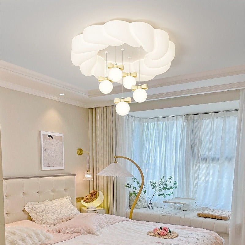 Modern Minimalist Cream Oval Round Pendant PE Iron LED Flush Mount Ceiling Light For Bedroom
