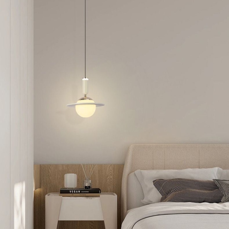 Modern Minimalist Planet Cylinder Orb Ring Aluminum Acrylic LED Pendant Light For Bedroom