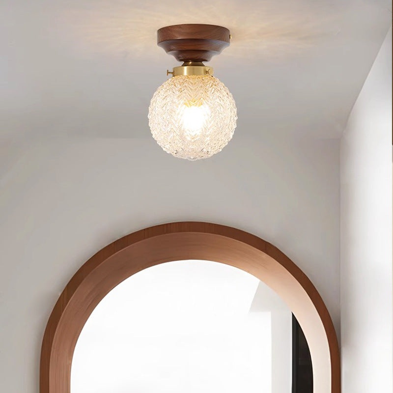 Traditional French Orb Leaf Wood Glass 1-Light Semi-Flush Mount Ceiling Light For Living Room