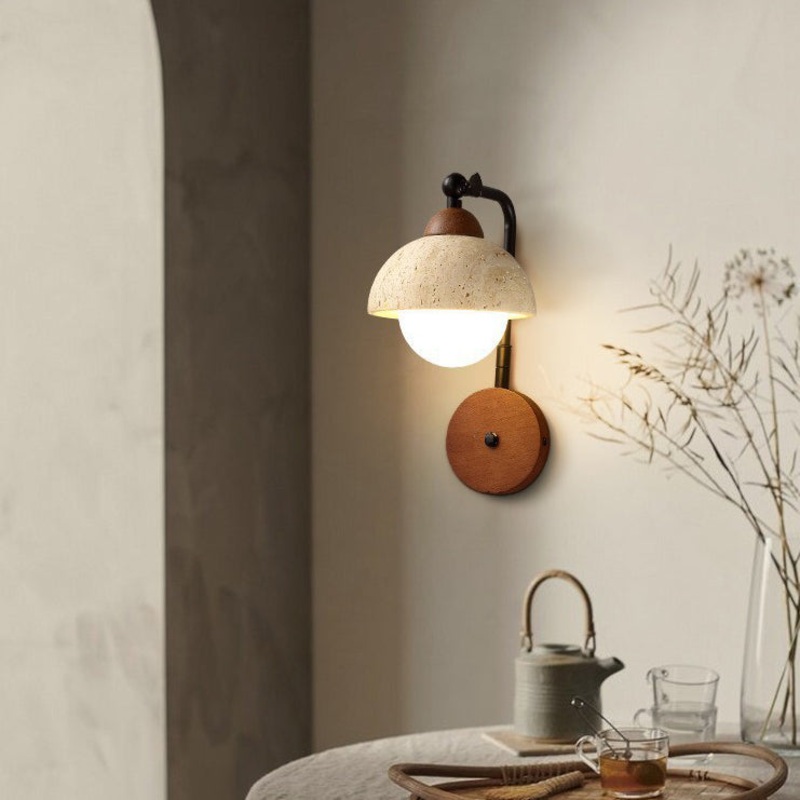 Traditional Japanese Dome Natural Yellow Travertine Solid Wood 1-Light Wall Sconce Lamp For Bedroom