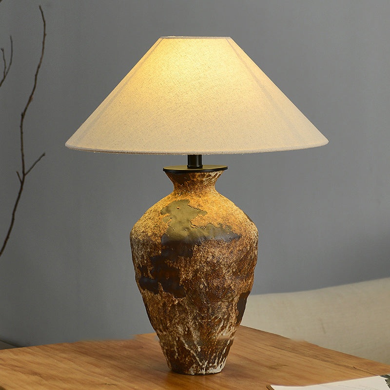 Traditional Japanese Fabric Conical Shade Stoneware Base 1-Light Table Lamp For Home Office