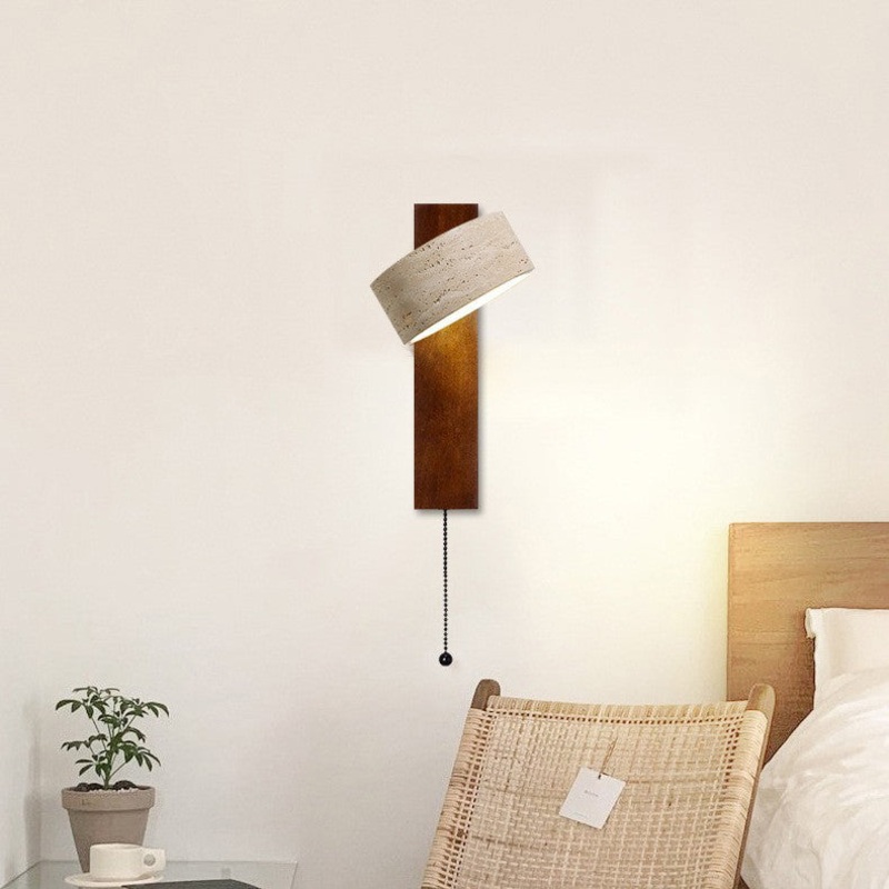 Traditional Japanese Rectangle Round Yellow Travertine Solid Wood 1-Light Wall Sconce Lamp For Bedroom