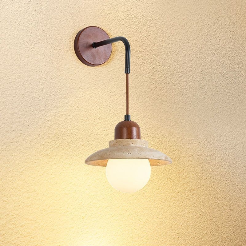 Traditional Japanese Round Stone Wood Glass 1-Light Wall Sconce Lamp For Living Room