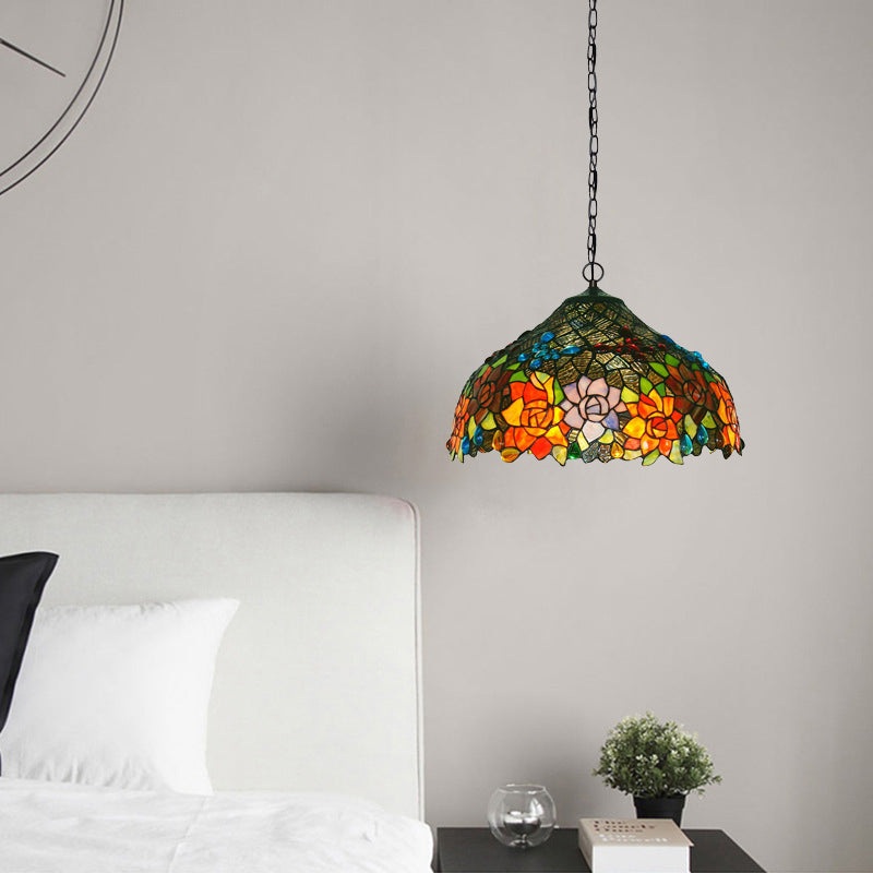 Traditional Tiffany Butterfly Rose Flower Stained Glass Shade 2-Light Chandelier For Living Room