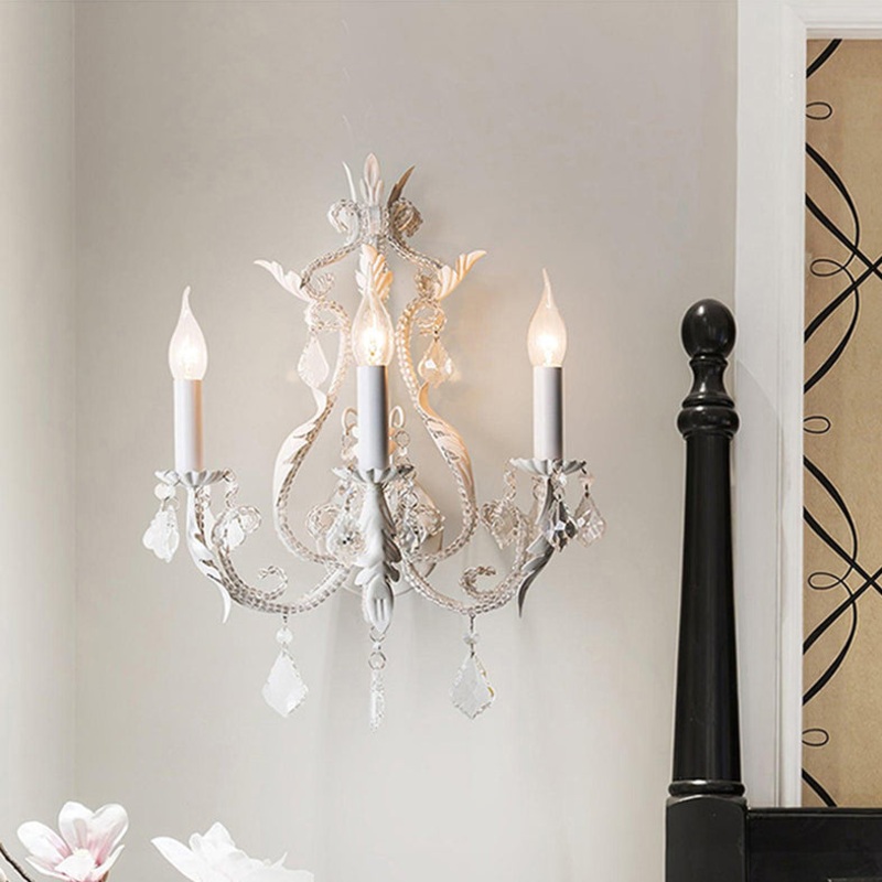 Traditional Vintage Candle Iron Crystal Glass 3-Light Wall Sconce Lamp For Living Room