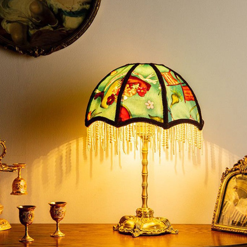 Traditional Vintage Dome Half Round Pearl Tassel Full Copper Fabric 1-Light Table Lamp For Bedroom