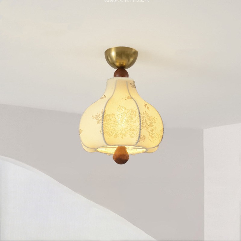 Traditional Vintage Domed Floral Printed Iron Wood Fabric 1-Light Semi-Flush Mount Ceiling Light For Living Room