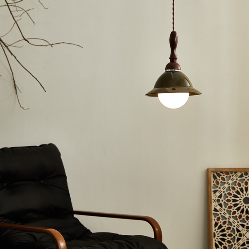 Traditional Vintage Hemispherical Oval Wooden Ceramic 1-Light Pendant Light For Living Room