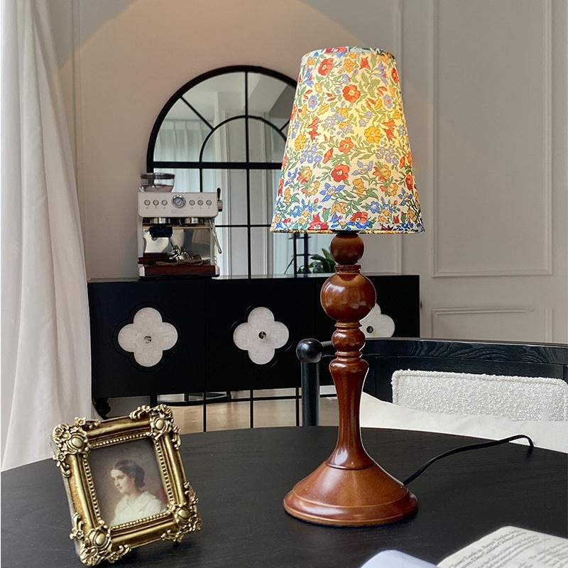 Traditional Vintage Petal Cylinder Wood Fabric 1-Light Table Lamp For Bedroom