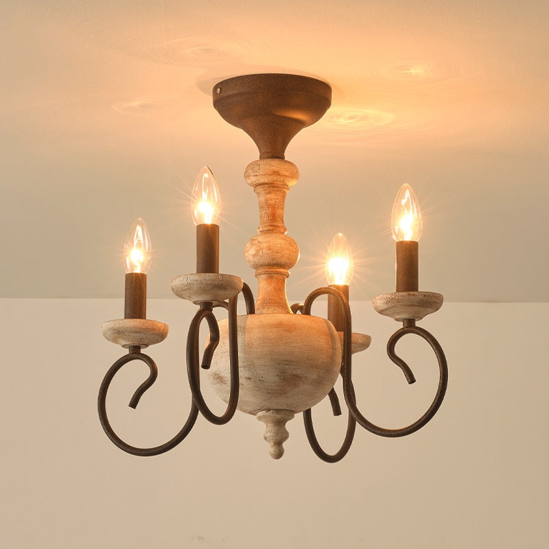 Traditional Vintage Wood Iron Candlestick Column 4-Light Semi-Flush Mount Ceiling Light For Living Room