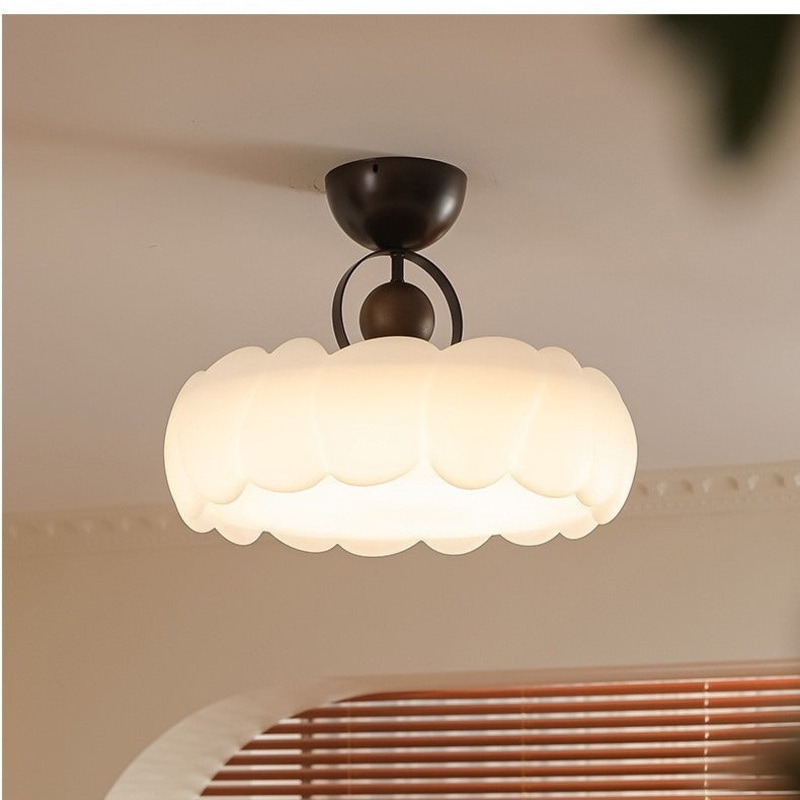 Contemporary Retro Rubber Wood Iron Acrylic Pellucid Round LED Semi-Flush Mount Ceiling Light For Bedroom