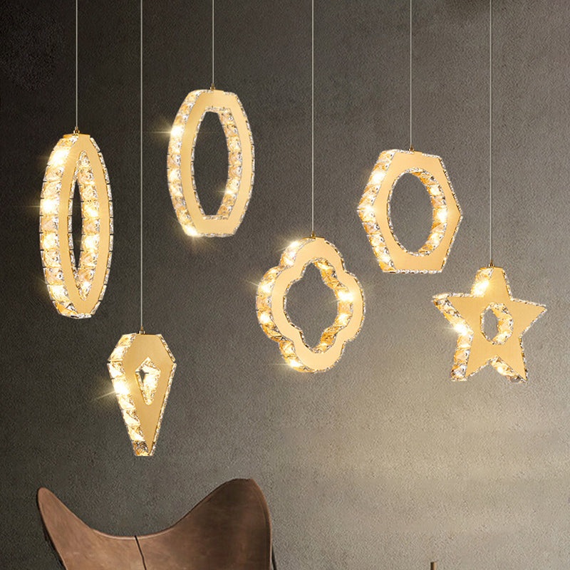 Modern Luxury Cube Drum Hexagon Flower Pentagon Oval Crystal Stainless Steel LED Pendant Light For Living Room