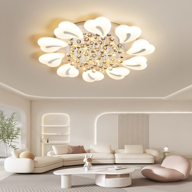 Modern Luxury Flower Petal Heart Iron Acrylic Crystal Ball LED Semi-Flush Mount Ceiling Light For Living Room