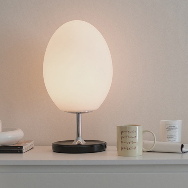 Modern Minimalist Egg Shape Metal Leather Base Glass Shade LED Table Lamp For Bedroom