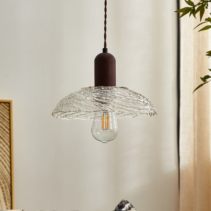 Traditional Japanese Dome Wood Glass 1-Light Pendant Light For Living Room