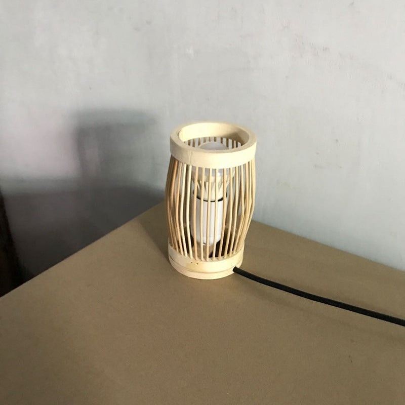 Traditional Japanese Oval Round Bar Hollow Bamboo 1-Light Table Lamp For Bedroom