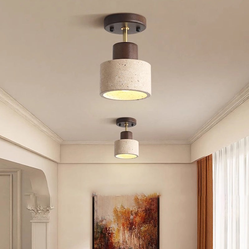 Traditional Japanese Round Cylinder Bowl Yellow Travertine Rubberwood Iron 1-Light Semi-Flush Mount Ceiling Light For Bedroom