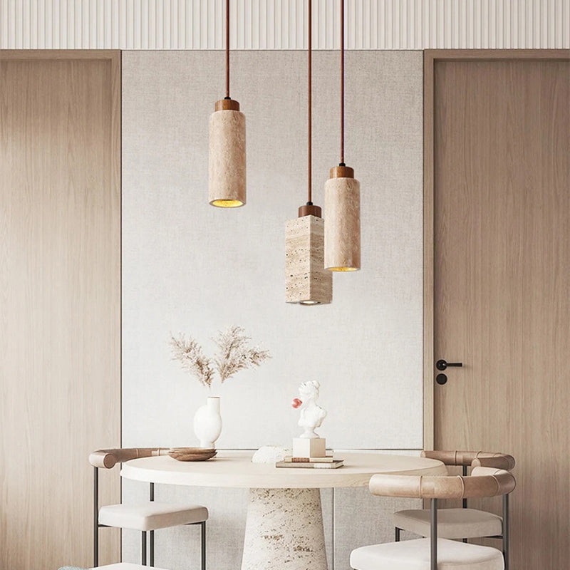 Traditional Japanese Round Rectangular Cylinder Yellow Travertine Solid Wood 1-Light Pendant Light For Living Room
