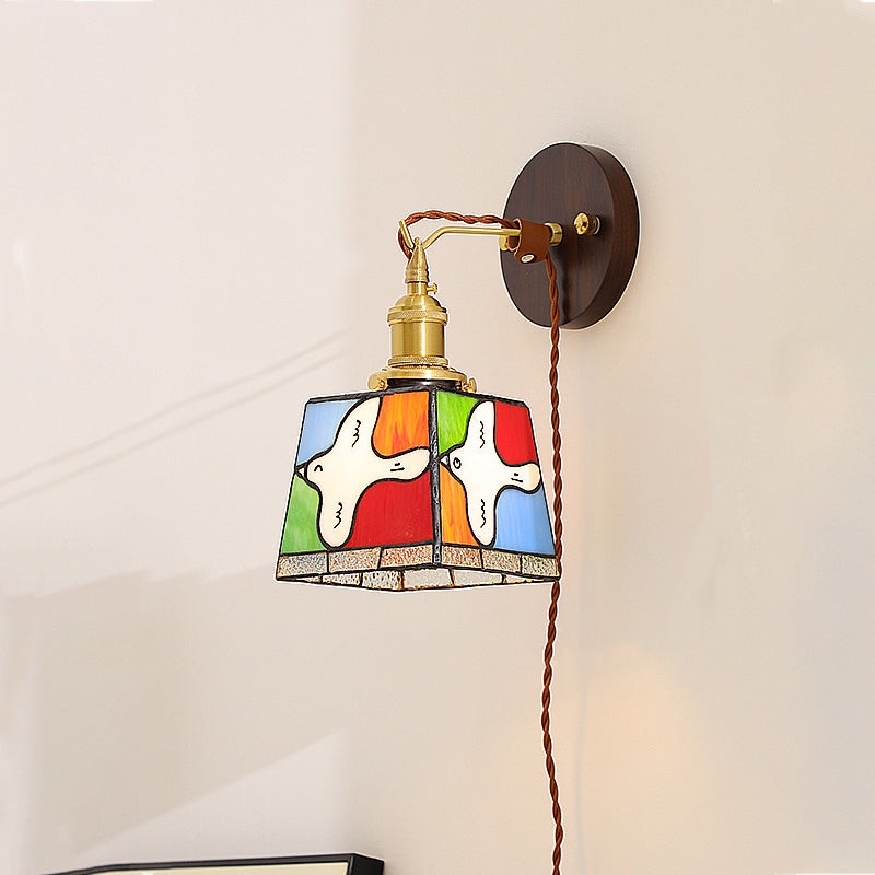 Traditional Tiffany Peace Dove Square Stained Glass Copper Wood 1-Light Wall Sconce Lamp For Living Room