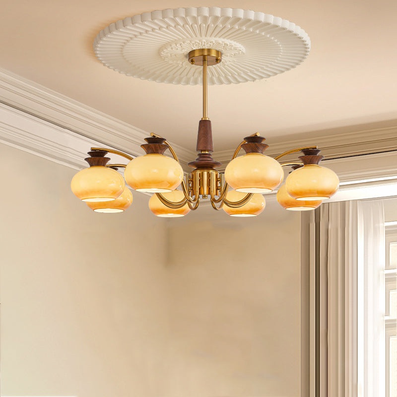 Traditional Vintage Oak Iron Glass Persimmon Round 6/8 Light Chandeliers For Living Room
