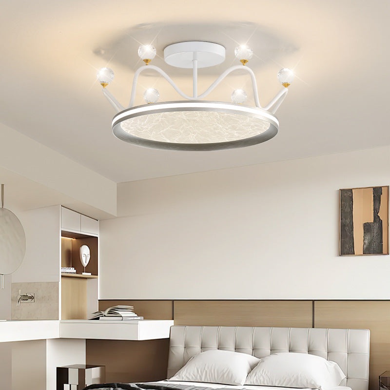 Contemporary Creative Round Crown Iron Aluminum Acrylic LED Semi-Flush Mount Ceiling Light For Bedroom