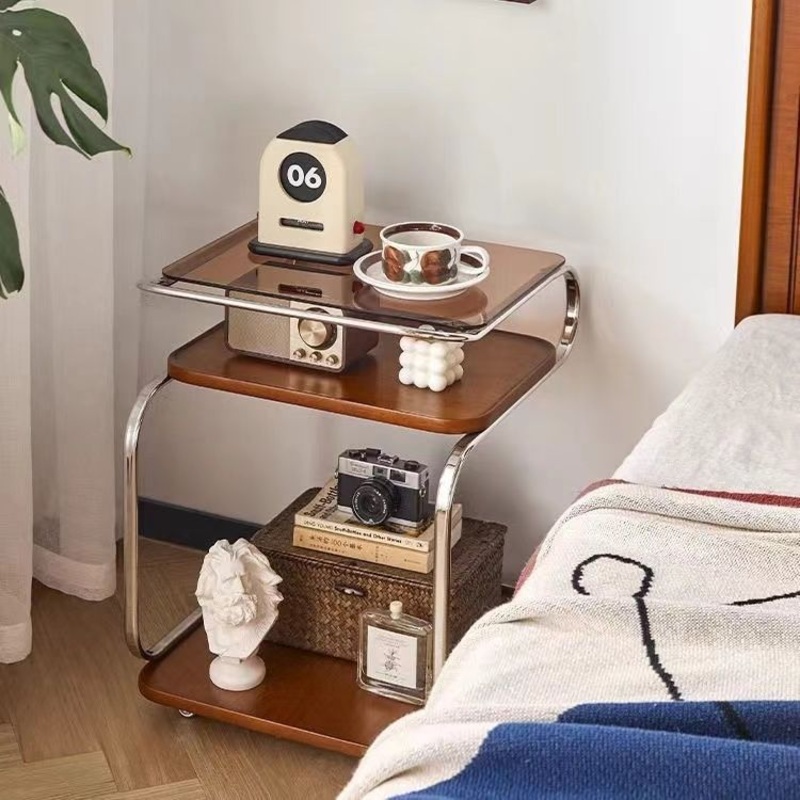Contemporary Nordic Removable Square Titanium Frame Wood Glass End Table 3-Tier For Living Room