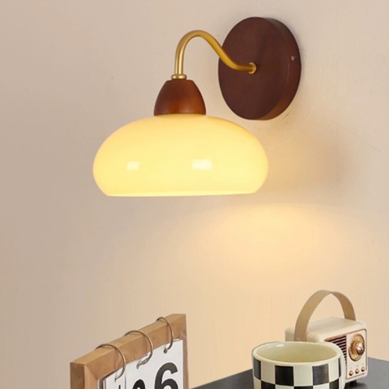 Contemporary Nordic Solid Wood, Iron & Glass Round Lampshade 1-Light Wall Sconce Lamp For Bedroom & Living Room