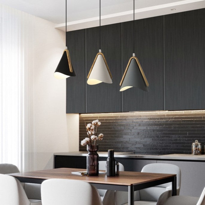 Contemporary Nordic Wood & Iron Conical 1-Light Adjustable Pendant Light For Bedroom & Living Room