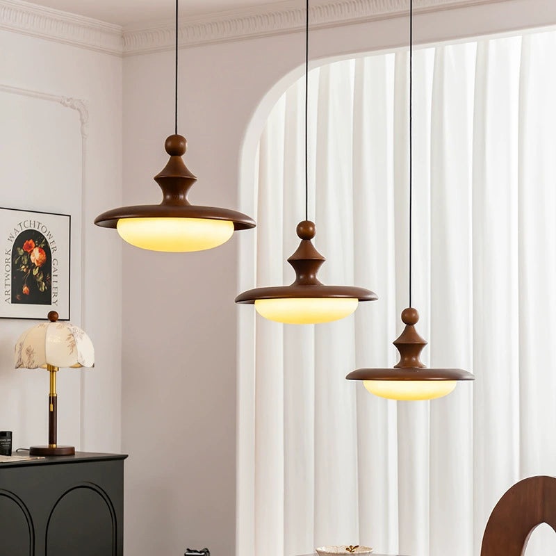 Contemporary Retro Ash Wood PVC Iron Flying Saucer Round LED Pendant Light For Dining Room