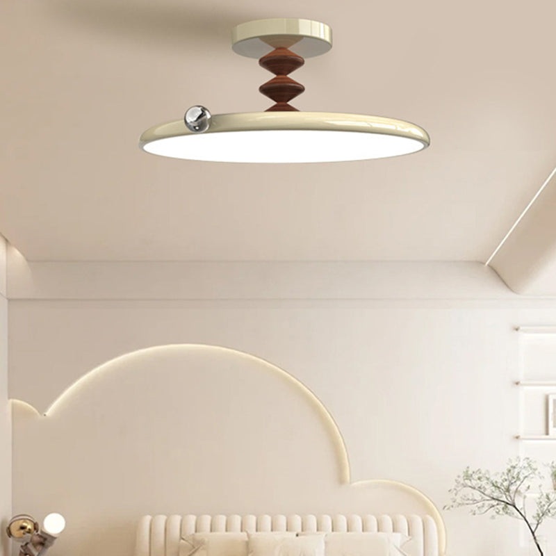 Contemporary Retro Round Iron PVC LED Semi-Flush Mount Ceiling Light For Bedroom