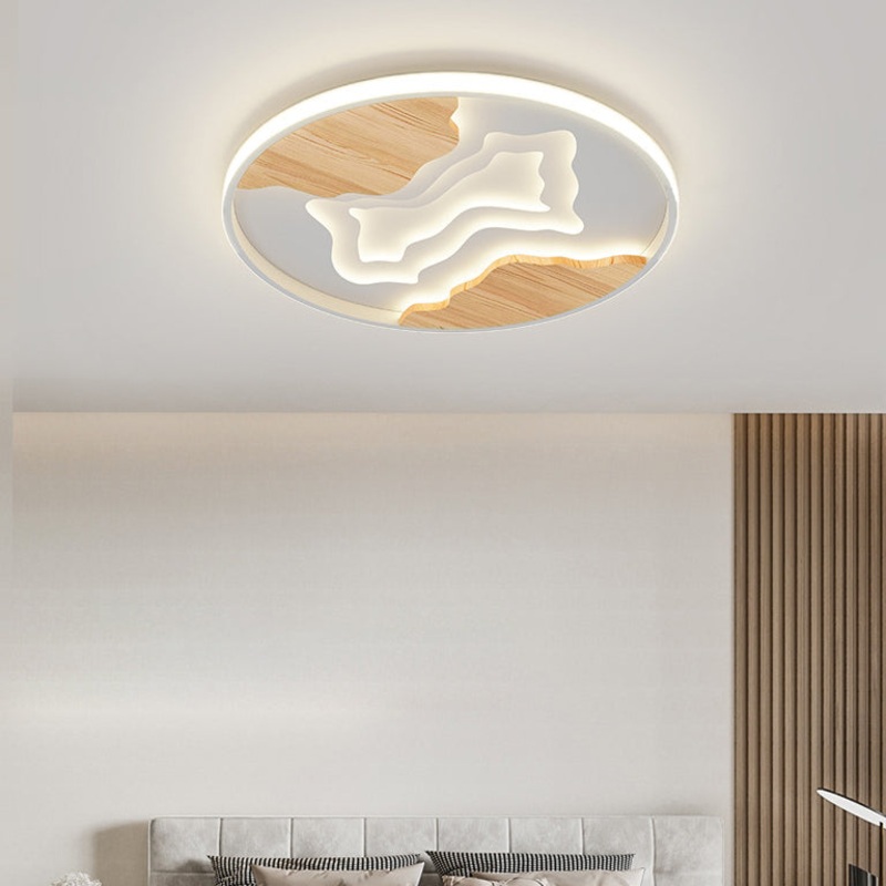 Contemporary Scandinavian Round Rubberwood Acrylic LED Flush Mount Ceiling Light For Bedroom