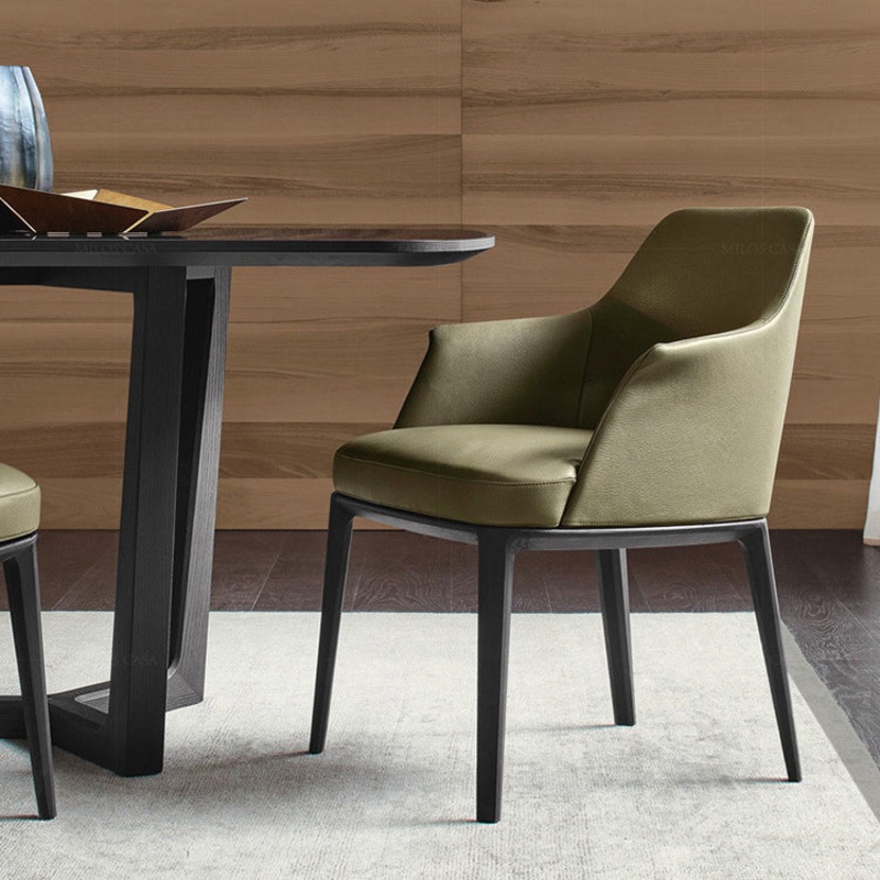 Contemporary Scandinavian Trapezoidal Square Curved Leather Solid Wood Dining Chair Backrest Armrest For Dining Room