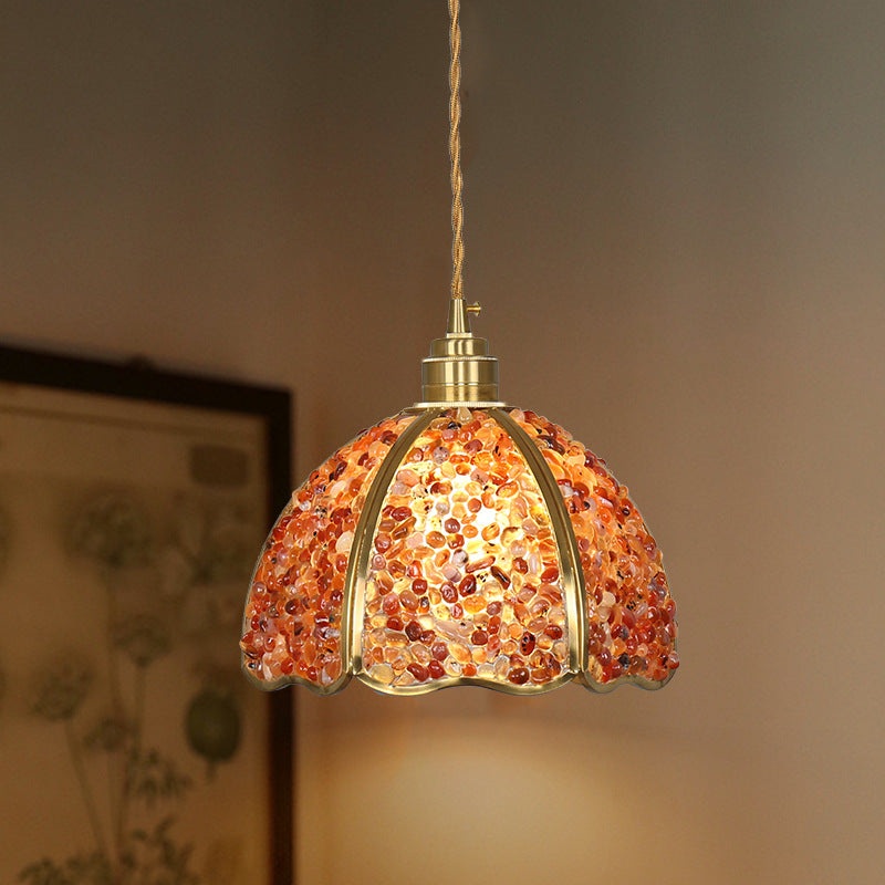 Modern Luxury Dome Crushed Crystal Full Brass 1-Light Pendant Light For Bedroom