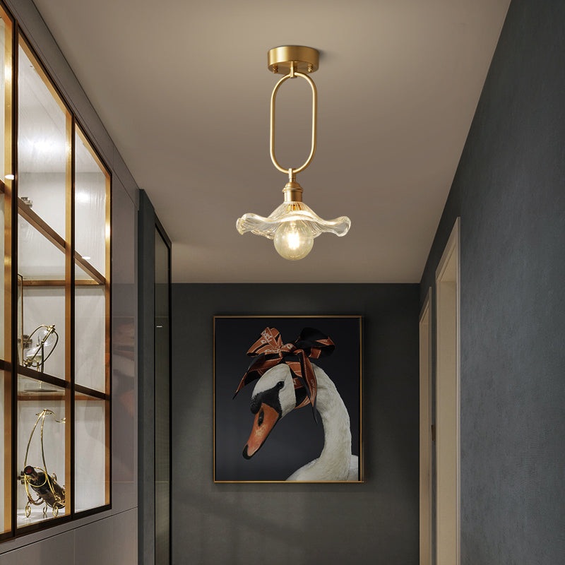Modern Minimalist Flower Iron Glass 1-Light Semi-Flush Mount Ceiling Light For Hallway