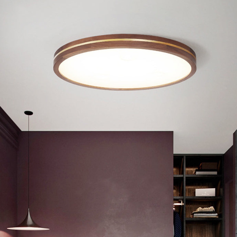 Modern Minimalist Round Wood Grain Copper LED Flush Mount Ceiling Light For Bedroom