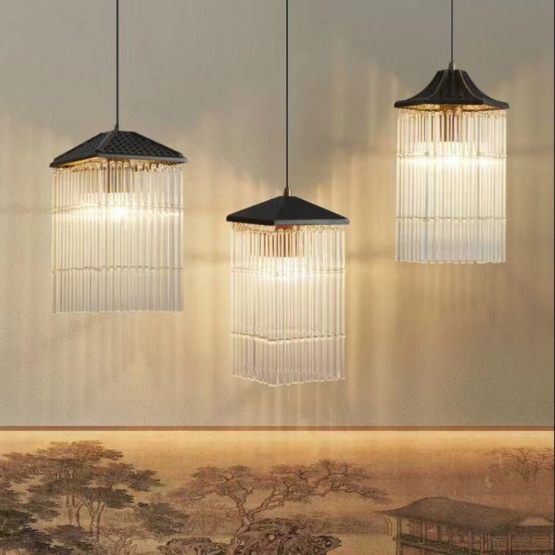 Traditional Chinese Brass Glass House Eave Bamboo Joint 1-Light Pendant Light For Dining Room